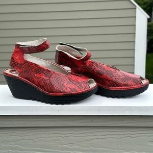 Fly London Red Peep Toe Wedge Heels